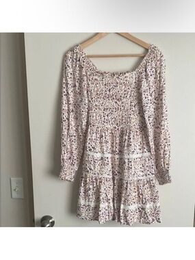 Japna Cream Floral Long-Sleeve Tiered Mini Dress